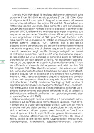 Valorizzazione delle D.O.C.G. Franciacorta ed Oltrepò Pavese metodo classico…


        L’analisi PCR-RFLP degli ITS impiega dei primers disegnati sulla
     porzione 5’ del 18S rDNA e sulla porzione 3’ del 26S rDNA. Que-
     sti oligonucleotidi sono quindi disegnati su sequenze altamente
     conservate ed esterne alle regioni ITS variabili. Quest’ultima ca-
     ratteristica li rende universali, ossia consente il loro allineamento
     sul DNA stampo ad un numero elevato di specie. Il confronto dei
     prodotti di PCR, differenti tra le diverse specie per lunghezza e/o
     sequenza ne permette l’identificazione. Gli ampliconi possono
     essere lunghi da un minimo di 380 bp in Yarrowia lipolytica e Pi-
     chia pastoris ed un massimo di 1050 bp in Schizosaccharomyces
     pombe (Esteve- Zarzoso, 1999). Tuttavia, due o più specie
     possono essere caratterizzate da prodotti di amplificazione della
     medesima lunghezza ma di diversa sequenza; in questo caso il
     metodo prevede che gli amplificati vengano digeriti con enzimi
     di restrizione quali CfoI, HaeIII e HinfI che riconoscono sequen-
     ze specifiche sul DNA bersaglio e generano profili di restrizione
     caratteristici per ogni specie di lievito. Per accertare l’apparte-
20   nenza ad una specie nel caso in cui la restrizione delle ITS non
     sia sufficiente ci si avvale del sequenziamento del dominio D1/
     D2 del gene 26S rDNA. Questa sequenza, che misura circa 600
     bp, viene riconosciuta come il principale bersaglio per l’identifi-
     cazione di quasi tutti gli ascomiceti attualmente noti (Kurtzman e
     Robnett, 1998). Il sequenziamento di questa regione e la compa-
     razione della sequenza ottenuta con quelle disponibili in banche
     dati (GenBank o EMBL), mediante l’impiego gratuito on-line di
     algoritmi specifici (Basic Local Alignment Search Tool), consento-
     no l’attribuzione della specie al ceppo indagato. Secondo un’o-
     pinione correntemente accettata, differenze in più di sei basi su
     600 indicano che i lieviti confrontati non appartengono alla stes-
     sa specie (Vincenzini, 2005).
        Sebbene ad oggi la ricerca scientifica si è concentrata princi-
     palmente sul controllo della fermentazione alcolica, molti lavo-
     ri affrontano lo studio dell’ecologia di lieviti sulle uve, sul mosto
     e anche nell’aria della cantina. In particolare, è stato eviden-
     ziato che il succo d’uva appena pressato ospita un’ampia va-
     rietà di specie di lieviti, soprattutto del genere Hanseniaspora,
     Pichia, Candida, Metschnikowia e Kluyveromyces. Di tanto in
     tanto, specie di altri generi come Cryptococcus, Rhodotorula,
     Debaryomyces, Issatchenkia, Zygosaccharomyces, Saccha-
 