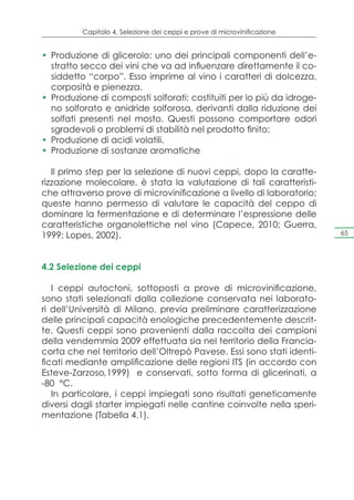 Capitolo 4. Selezione dei ceppi e prove di microvinificazione


•	 Produzione di glicerolo: uno dei principali componenti dell’e-
   stratto secco dei vini che va ad influenzare direttamente il co-
   siddetto “corpo”. Esso imprime al vino i caratteri di dolcezza,
   corposità e pienezza.
•	 Produzione di composti solforati: costituiti per lo più da idroge-
   no solforato e anidride solforosa, derivanti dalla riduzione dei
   solfati presenti nel mosto. Questi possono comportare odori
   sgradevoli o problemi di stabilità nel prodotto finito;
•	 Produzione di acidi volatili.
•	 Produzione di sostanze aromatiche

   Il primo step per la selezione di nuovi ceppi, dopo la caratte-
rizzazione molecolare, è stata la valutazione di tali caratteristi-
che attraverso prove di microvinificazione a livello di laboratorio;
queste hanno permesso di valutare le capacità del ceppo di
dominare la fermentazione e di determinare l’espressione delle
caratteristiche organolettiche nel vino (Capece, 2010; Guerra,
1999; Lopes, 2002).                                                       65




4.2 Selezione dei ceppi

   I ceppi autoctoni, sottoposti a prove di microvinificazione,
sono stati selezionati dalla collezione conservata nei laborato-
ri dell’Università di Milano, previa preliminare caratterizzazione
delle principali capacità enologiche precedentemente descrit-
te. Questi ceppi sono provenienti dalla raccolta dei campioni
della vendemmia 2009 effettuata sia nel territorio della Francia-
corta che nel territorio dell’Oltrepò Pavese. Essi sono stati identi-
ficati mediante amplificazione delle regioni ITS (in accordo con
Esteve-Zarzoso,1999) e conservati, sotto forma di glicerinati, a
-80 °C.
   In particolare, i ceppi impiegati sono risultati geneticamente
diversi dagli starter impiegati nelle cantine coinvolte nella speri-
mentazione (Tabella 4.1).
 