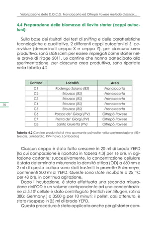 Valorizzazione delle D.O.C.G. Franciacorta ed Oltrepò Pavese metodo classico…


     4.4 Preparazione della biomassa di lievito starter (ceppi autoc-
     toni)

        Sulla base dei risultati del test di sniffing e delle caratteristiche
     tecnologiche e qualitative, 2 differenti ceppi autoctoni di S. ce-
     revisiae (denominati ceppo X e ceppo Y), per ciascuna area
     produttiva, sono stati scelti per essere impiegati come starter nel-
     le prove di tirage 2011. Le cantine che hanno partecipato alla
     sperimentazione, per ciascuna area produttiva, sono riportate
     nella tabella 4.2.


             Cantina                  Località                       Area
                C1             Rodengo Saiano (BS)               Franciacorta
                C2                  Erbusco (BS)                 Franciacorta
                C3                  Erbusco (BS)                 Franciacorta
70              C4                  Erbusco (BS)                 Franciacorta
                C5                  Erbusco (BS)                 Franciacorta
                C6             Rocca de’ Giorgi (PV)           Oltrepò Pavese
                C7             Pietra de’ Giorgi (PV)          Oltrepò Pavese
                C8              Santa Giuletta (PV)            Oltrepò Pavese

     Tabella 4.2 Cantine produttrici di vino spumante coinvolte nella sperimentazione (BS=
     Brescia, Lombardia, PV= Pavia, Lombardia)



        Ciascun ceppo è stato fatto crescere in 20 ml di brodo YEPD
     (la cui composizione è riportata in tabella 4.3) per 16 ore, in agi-
     tazione costante; successivamente, la concentrazione cellulare
     è stata determinata misurando la densità ottica (OD) a 660 nm e
     2 ml di questa coltura sono stati trasferiti in provette Enlermeyer,
     contenenti 200 ml di YEPD. Queste sono state incubate a 25 °C
     per 48 ore, in continua agitazione.
        Dopo l’incubazione, è stata effettuata una seconda misura-
     zione dell’OD e un volume corrispondente ad una concentrazio-
     ne di 5.109 cellule è stato centrifugato (Hettich zentrifugen, rotina
     380r, Germany ) a 3500 g per 10 minuti; il pellet, così ottenuto, è
     stato risospeso in 25 ml di brodo YEPD.
        Questa procedura è stata applicata anche per gli starter com-
 
