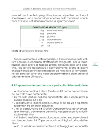 Capitolo 4. Selezione dei ceppi e prove di microvinificazione


merciali usualmente impiegati in ciascuna rispettiva cantina, al
fine di avere una comparazione effettiva nelle medesime condi-
zioni. Essi sono stati denominati con la sigla “ceppo S”.

                      COMPOSIZIONE BRODO YEPD (g/L)
                              10 g    estratto di lievito
                              20 g    peptone
                              20 g    glucosio
                             0,1 g    cloranfenicolo
                               1l     acqua distillata
                               pH     5,5

Tabella 4.3 Composizione del brodo YEPD



   Successivamente è stato organizzato il trasferimento delle col-
ture cellulari, in condizioni strettamente refrigerate, per la realiz-
zazione delle prove di tiraggio presso ciascuna delle otto can-            71

tine. Tale attività ha richiesto il coinvolgimento diretto di alcuni
enologi franciacortini ed oltrepadani sia nella fase di formulazio-
ne del pied de cuve che nella programmazione delle prove di
adattamento e di inoculo.


4.5 Preparazione del pied de cuve e protocollo di rifermentazione

    A ciascuna cantina è stato fornito un kit per la preparazione
del pied de cuve contenente:
•	 25 ml delle colture cellulari concentrate, dei 3 ceppi presi in
    esame (ceppo X,Y e S);
•	 7 g di attivante (Bioenologia s.r.l., Italy) di cui 1g, 2g e 4g erano
    suddivisi in tre differenti provette;
•	 3 ml di coadiuvante 83 (Station Oenotechnique de champa-
    gne, France), contenente bentonite necessaria per la chiarifi-
    cazione del vino.
    Il kit è stato trasferito presso ciascuna cantina e conservato ad
una temperatura di 4 °C per un massimo di 3 giorni prima dell’u-
tilizzo.
    A 50 l di vino base da rifermentare è stata aggiunta la quantità
 