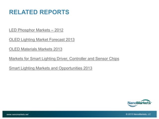 2

RELATED REPORTS
LED Phosphor Markets – 2012
OLED Lighting Market Forecast 2013
OLED Materials Markets 2013
Markets for Smart Lighting Driver, Controller and Sensor Chips
Smart Lighting Markets and Opportunities 2013

www.nanomarkets.net

© 2013 NanoMarkets, LC

 