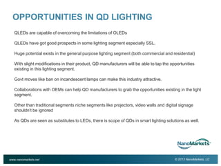 2

OPPORTUNITIES IN QD LIGHTING
QLEDs are capable of overcoming the limitations of OLEDs
QLEDs have got good prospects in some lighting segment especially SSL.
Huge potential exists in the general purpose lighting segment (both commercial and residential)
With slight modifications in their product, QD manufacturers will be able to tap the opportunities
existing in this lighting segment.
Govt moves like ban on incandescent lamps can make this industry attractive.
Collaborations with OEMs can help QD manufacturers to grab the opportunities existing in the light
segment.
Other than traditional segments niche segments like projectors, video walls and digital signage
shouldn’t be ignored
As QDs are seen as substitutes to LEDs, there is scope of QDs in smart lighting solutions as well.

www.nanomarkets.net

© 2013 NanoMarkets, LC

 