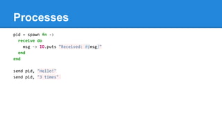 Processes
pid = spawn fn ->
receive do
msg -> IO.puts "Received: #{msg}"
end
end
send pid, "Hello!"
send pid, "3 times"
 