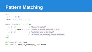 Pattern Matching
a = 1
{x, y} = {0, 0}
[head | tail] = [1, 2, 3]
result = case {1, 2, 3} do
{4, 5, 6} -> "Doesn't match"
{1, x, 3} when x > 3 -> "doesn't match because 2 < 3"
{x, 2, 3} -> "matches and x is #{x}"
_ -> "matches if nothing above matches"
end
def zero?(0), do: true
def zero?(x) when is_number(x), do: false
 