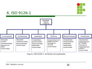 26
6. ISO 9126-1
QDS - Modelos e normas
Figura. ISO 9126-1: atributos de qualidade.
 
