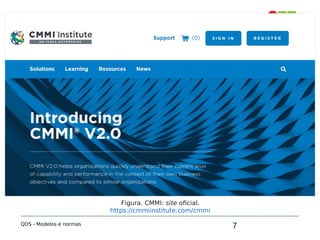 7
2. CMMI (Capability Maturity Model
Integration)
QDS - Modelos e normas
Figura. CMMI: site oficial.
https://cmmiinstitute.com/cmmi
 