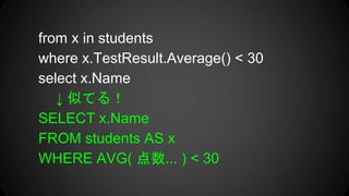 from x in students
where x.TestResult.Average() < 30
select x.Name
 ƤƤ룡
SELECT x.Name
FROM students AS x
WHERE AVG( ... ) < 30
 