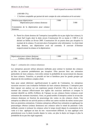 Mémoire de fin d’étude
Actif et passif en normes IAS/IFRS
28
(100 000×3%).
- L’écriture comptable qui permet de tenir compte de cette estimation est la suivante :
Dotation pour dépréciation
Dépréciation pour créance douteuse
Constatation de la dépréciation pour créance
douteuse
3 000
3 000
A- Parmi les clients douteux de l’entreprise (susceptibles de ne pas régler leur créance), le
client Sarl Logits dont la dette envers Construction SA se monte à 1 000 € a été
déclaré en faillite en février 2005. Construction SA ne pourra donc pas récupérer le
montant de la créance. Il convient alors d’enregistrer cette information. Le client étant
déjà douteux, une dépréciation avait été constatée. Il convient d’éliminer
respectivement la créance et la dépréciation :
Dépréciation pour créance douteuse
Créance- client « Sarl Logic »
1 000
1 000
Etape 1 : estimation des créances douteuses
Les entreprises peuvent utiliser plusieurs méthodes pour estimer le montant des créances
qu’elles ne pourront probablement pas récupérer. Elles peuvent faire une estimation
particulière de leurs créances, c'est-à-dire estimer la probabilité de recouvrement de chacune
de leurs créances. Toutefois, ce procédé est lent et fastidieux pour les grands groupes qui
disposent de très nombreux comptes client.
Sans pour autant détériorer significativement la qualité de l’estimation, les entreprises
recourent souvent à une évaluation forfaitaire de leurs créances douteuses. L’entreprise peut
faire reposer son analyse sur son expérience passée d’activité. Elle se base alors sur le
montant des créances effectivement non réglées des exercices antérieurs et compare le
montant identifié au chiffre d’affaires de l’époque ou aux créances brutes (créances avant
estimation des montants incertains). Ainsi, un grand nombre d’entreprise estime le niveau des
créances douteuses en fonction du pourcentage des ventes ou des créances clients. Une
entreprise au début de son activité pourra se référer aux autres sociétés du même secteur pour
faire ses premières estimations. Certaines entreprises affinent leur estimation en appliquant les
pourcentages obtenus (créance douteuses) aux créances selon le retard de paiement. Cette
méthode consiste à reclasser les créances selon le temps écoulé depuis la constatation de la
vente et à leur appliquer un taux de non –recouvrement différent. Le taux appliqué croit
généralement avec la durée écoulée depuis la vente, car plus la durée est longue et plus la
probabilité de ne pas être réglé augmente.
 
