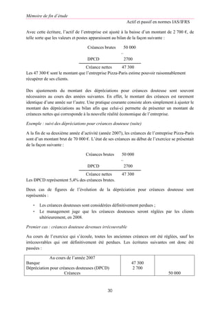 Mémoire de fin d’étude
Actif et passif en normes IAS/IFRS
30
Avec cette écriture, l’actif de l’entreprise est ajusté à la baisse d’un montant de 2 700 €, de
telle sorte que les valeurs et postes apparaissent au bilan de la façon suivante :
Créances brutes 50 000
–
DPCD 2700
Créance nettes 47 300
Les 47 300 € sont le montant que l’entreprise Pizza-Paris estime pouvoir raisonnablement
récupérer de ses clients.
Des ajustements du montant des dépréciations pour créances douteuse sont souvent
nécessaires au cours des années suivantes. En effet, le montant des créances est rarement
identique d’une année sur l’autre. Une pratique courante consiste alors simplement à ajuster le
montant des dépréciations au bilan afin que celui-ci permette de présenter un montant de
créances nettes qui corresponde à la nouvelle réalité économique de l’entreprise.
Exemple : suivi des dépréciations pour créances douteuse (suite)
A la fin de sa deuxième année d’activité (année 2007), les créances de l’entreprise Pizza-Paris
sont d’un montant brut de 70 000 €. L’état de ses créances au début de l’exercice se présentait
de la façon suivante :
Créances brutes 50 000
–
DPCD 2700
Créance nettes 47 300
Les DPCD représentent 5,4% des créances brutes.
Deux cas de figures de l’évolution de la dépréciation pour créances douteuse sont
représentés :
- Les créances douteuses sont considérées définitivement perdues ;
- Le management juge que les créances douteuses seront réglées par les clients
ultérieurement, en 2008.
Premier cas : créances douteuse devenues irrécouvrable
Au cours de l’exercice qui s’écoule, toutes les anciennes créances ont été réglées, sauf les
irrécouvrables qui ont définitivement été perdues. Les écritures suivantes ont donc été
passées :
Au cours de l’année 2007
Banque
Dépréciation pour créances douteuses (DPCD)
Créances
47 300
2 700
50 000
 
