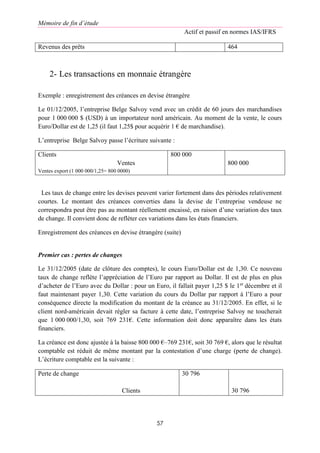 Mémoire de fin d’étude
Actif et passif en normes IAS/IFRS
57
Revenus des prêts 464
2- Les transactions en monnaie étrangère
Exemple : enregistrement des créances en devise étrangère
Le 01/12/2005, l’entreprise Belge Salvoy vend avec un crédit de 60 jours des marchandises
pour 1 000 000 $ (USD) à un importateur nord américain. Au moment de la vente, le cours
Euro/Dollar est de 1,25 (il faut 1,25$ pour acquérir 1 € de marchandise).
L’entreprise Belge Salvoy passe l’écriture suivante :
Clients
Ventes
Ventes export (1 000 000/1,25= 800 0000)
800 000
800 000
Les taux de change entre les devises peuvent varier fortement dans des périodes relativement
courtes. Le montant des créances converties dans la devise de l’entreprise vendeuse ne
correspondra peut être pas au montant réellement encaissé, en raison d’une variation des taux
de change. Il convient donc de refléter ces variations dans les états financiers.
Enregistrement des créances en devise étrangère (suite)
Premier cas : pertes de changes
Le 31/12/2005 (date de clôture des comptes), le cours Euro/Dollar est de 1,30. Ce nouveau
taux de change reflète l’appréciation de l’Euro par rapport au Dollar. Il est de plus en plus
d’acheter de l’Euro avec du Dollar : pour un Euro, il fallait payer 1,25 $ le 1er
décembre et il
faut maintenant payer 1,30. Cette variation du cours du Dollar par rapport à l’Euro a pour
conséquence directe la modification du montant de la créance au 31/12/2005. En effet, si le
client nord-américain devait régler sa facture à cette date, l’entreprise Salvoy ne toucherait
que 1 000 000/1,30, soit 769 231€. Cette information doit donc apparaître dans les états
financiers.
La créance est donc ajustée à la baisse 800 000 €–769 231€, soit 30 769 €, alors que le résultat
comptable est réduit de même montant par la contestation d’une charge (perte de change).
L’écriture comptable est la suivante :
Perte de change
Clients
30 796
30 796
 