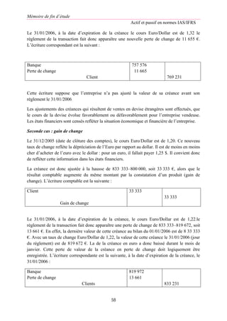 Mémoire de fin d’étude
Actif et passif en normes IAS/IFRS
58
Le 31/01/2006, à la date d’expiration de la créance le cours Euro/Dollar est de 1,32 le
règlement de la transaction fait donc apparaître une nouvelle perte de change de 11 655 €.
L’écriture correspondant est la suivant :
Banque
Perte de change
Client
757 576
11 665
769 231
Cette écriture suppose que l’entreprise n’a pas ajusté la valeur de sa créance avant son
règlement le 31/01/2006
Les ajustements des créances qui résultent de ventes en devise étrangères sont effectués, que
le cours de la devise évolue favorablement ou défavorablement pour l’entreprise vendeuse.
Les états financiers sont censés refléter la situation économique et financière de l’entreprise.
Seconde cas : gain de change
Le 31/12/2005 (date de clôture des comptes), le cours Euro/Dollar est de 1,20. Ce nouveau
taux de change reflète la dépréciation de l’Euro par rapport au dollar. Il est de moins en moins
cher d’acheter de l’euro avec le dollar : pour un euro, il fallait payer 1,25 $. Il convient donc
de refléter cette information dans les états financiers.
La créance est donc ajustée à la hausse de 833 333–800 000, soit 33 333 €, alors que le
résultat comptable augmente du même montant par la constatation d’un produit (gain de
change). L’écriture comptable est la suivante :
Client
Gain de change
33 333
33 333
Le 31/01/2006, à la date d’expiration de la créance, le cours Euro/Dollar est de 1,22.le
règlement de la transaction fait donc apparaître une perte de change de 833 333–819 672, soit
13 661 €. En effet, la dernière valeur de cette créance au bilan du 01/01/2006 est de 8 33 333
€. Avec un taux de change Euro/Dollar de 1,22, la valeur de cette créance le 31/01/2006 (jour
du règlement) est de 819 672 €. La de la créance en euro a donc baissé durant le mois de
janvier. Cette perte de valeur de la créance en perte de change doit logiquement être
enregistrée. L’écriture correspondante est la suivante, à la date d’expiration de la créance, le
31/01/2006 :
Banque
Perte de change
Clients
819 972
13 661
833 231
 