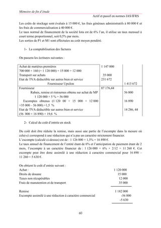 Mémoire de fin d’étude
Actif et passif en normes IAS/IFRS
60
Les coûts de stockage sont évalués à 15 000 €, les frais généraux administratifs à 80 000 € et
les frais de commercialisation à 40 000 €.
Le taux normal de financement de la société Iota est de 6% l’an, il utilise un taux mensuel à
court terme proportionnel, soit 0,5% par mois.
Les sorties de P1 et M1 sont effectuées au coût moyen pondéré.
1- La comptabilisation des factures
On passera les écritures suivantes :
Achat de matières premières
700 000 × 160 (= 1 120 000) + 15 000 + 12 000
Transport sur achats
Etat de TVA déductible sur autres bien et service
Fournisseur Upsilon
1 147 000
35 000
231 672
1 413 672
Fournisseur
Rabais, remise et ristournes obtenu sur achat de MP
1 120 000 × 5 % = 56 000
Escomptes obtenus (1 120 00 + 15 000 + 12 000
+35 000 – 56 000) ×1,5 %
Etat de TVA déductible sur autres bien et service
(56 000 + 16 890) × 19,6 %
87 176,44
56 000
16 890
14 286, 44
2- Calcul du coût d’entrée en stock
Du coût doit être réduite la remise, mais aussi une partie de l’escompte dans la mesure où
celui-ci correspond à une réduction qui n’a pas un caractère strictement financier.
L’escompte (calculé ci-dessus) est de : 1 126 000 × 1,5% = 16 890 €.
Le taux annuel de financement de l’entité étant de 6% et l’anticipation de paiement étant de 2
mois, l’escompte à un caractère financier de : 1 126 000 × 6% × 2/12 = 11 260 €. Cet
escompte peut être donc assimilé à une réduction à caractère commercial pour 16 890 –
11 260 = 5 630 €.
On obtient le coût d’entrée suivant :
Achat : 1 120 000
Droits de douane 15 000
Taxes non récupérables 12 000
Frais de manutention et de transport 35 000
Remise 1 182 000
Escompte assimilé à une réduction à caractère commercial -56 000
-5 630
 