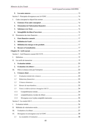 Mémoire de fin d’étude
Actif et passif en normes IAS/IFRS
68
5. Les notes annexes .......................................................................................................15
Section 3 : Principales divergences avec le CGNC.....................................................................16
I. Cadre conceptuel et objectif des normes ............................................................................16
1. Existence d’un cadre conceptuel.................................................................................16
2. Orientation de l’information financière......................................................................16
3. Substance over form...................................................................................................16
4. Intangibilité du bilan d’ouverture ..............................................................................16
II. Présentation des états financiers........................................................................................17
1. Etats financiers annuels..............................................................................................17
2. Définition de l’actif.....................................................................................................17
3. Définition des charges et des produits.........................................................................17
4. Recours à l’actualisation.............................................................................................17
Chapitre II : Actif courant ........................................................................................................19
Section 1 : Actif financier courant IAS 32/39 ............................................................................19
I. Définition........................................................................................................................19
II. Les actifs de transaction ...................................................................................................19
1. Evaluation initiale ......................................................................................................20
2. Evaluation à la clôture :..............................................................................................21
III. Prêts et créances émis par l'entreprise ............................................................................22
1. Créances client ...........................................................................................................22
1.1 Evaluation initiale des créances ................................................................................23
1.2 Réductions financières..............................................................................................25
1.3 Créances douteuses ..................................................................................................26
1.4 Retours de marchandises...........................................................................................33
1.5 Vente à crédit en devises étrangères IAS 21................................................................34
1.5.1 Comptabilisation initiale........................................................................................34
1.5.2 comptabilisation a la date de clôture.......................................................................34
1.5.3 Divergence avec le plan comptable marocaine ........................................................35
Section 2 : Les stocks IAS 2.....................................................................................................36
I. Evaluation initiale............................................................................................................36
II. Méthodes de valorisation stocks........................................................................................37
III. Evaluation a la clôture ..................................................................................................37
IV. Divergence et convergence avec le CGNC.....................................................................38
2.1 Les modalités d’évaluation........................................................................................38
 