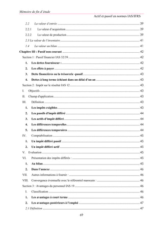 Mémoire de fin d’étude
Actif et passif en normes IAS/IFRS
69
2.2 La valeur d’entrée ....................................................................................................39
2.2.1 La valeur d’acquisition..........................................................................................39
2.2.2 La valeur de production.........................................................................................39
2.3 La valeur de l’inventaire.................................................................................................41
1.4 La valeur au bilan ....................................................................................................41
Chapitre III : Passif non courant ..............................................................................................42
Section 1 : Passif financier IAS 32/39.......................................................................................42
1. Les dettes fournisseur :...............................................................................................42
2. Les effets à payer........................................................................................................42
3. Dette financières ou la trésorerie -passif.....................................................................43
4. Dettes à long terme échéant dans un délai d’un an .....................................................43
Section 2 : Impôt sur le résultat IAS 12.....................................................................................43
I. Objectifs .........................................................................................................................43
II. Champ d'application.........................................................................................................43
III. Définition ....................................................................................................................43
1. Les impôts exigibles....................................................................................................43
2. Les passifs d'impôt différé..........................................................................................44
3. Les actifs d’impôt différé............................................................................................44
4. Les différences temporelles.........................................................................................44
5. Les différences temporaires........................................................................................44
IV. Comptabilisation..........................................................................................................45
1. Un impôt différé passif ...............................................................................................45
2. Un impôt différé actif .................................................................................................45
V. Evaluation.......................................................................................................................45
VI. Présentation des impôts différés : ..................................................................................45
1. Au bilan......................................................................................................................45
2. Dans l’annexe .............................................................................................................46
VII. Autres informations à fournir : ......................................................................................46
VIII. Convergence éventuelle avec le référentiel marocain : ....................................................46
Section 3 : Avantages du personnel IAS 19...............................................................................46
I. Classification...............................................................................................................46
1. Les avantages à court terme .......................................................................................46
2. Les avantages postérieurs à l’emploi ..........................................................................47
2.1 Définition ......................................................................................................................47
 
