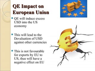QE Impact onQE Impact on
European UnionEuropean Union
QE will induce excess
USD into the US
economy
This will lead to the
Devaluation of USD
against other currencies
This is not favourable
for exports by EU to
US, thus will have a
negative effect on EU
 