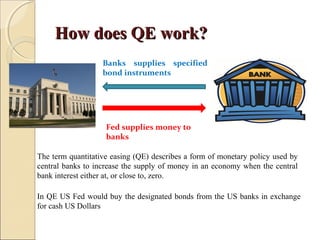How does QE work?How does QE work?
The term quantitative easing (QE) describes a form of monetary policy used by
central banks to increase the supply of money in an economy when the central
bank interest either at, or close to, zero.
Fed supplies money to
banks
Banks supplies specified
bond instruments
In QE US Fed would buy the designated bonds from the US banks in exchange
for cash US Dollars
 