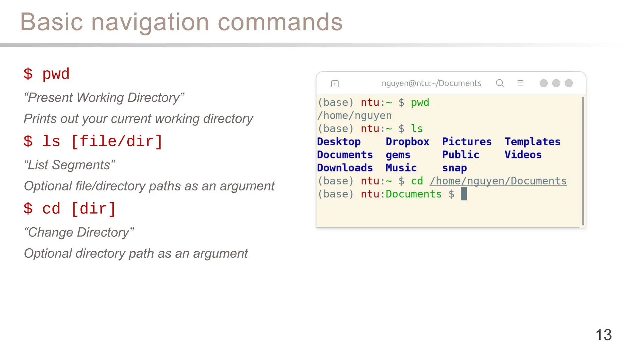 Basic navigation commands
13
$ pwd
“Present Working Directory”
Prints out your current working directory
$ ls [file/dir]
“List Segments”
Optional file/directory paths as an argument
$ cd [dir]
“Change Directory”
Optional directory path as an argument
 