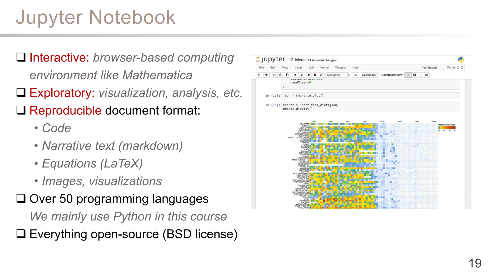 Jupyter Notebook
19
 Interactive: browser-based computing
environment like Mathematica
 Exploratory: visualization, analysis, etc.
 Reproducible document format:
• Code
• Narrative text (markdown)
• Equations (LaTeX)
• Images, visualizations
 Over 50 programming languages
We mainly use Python in this course
 Everything open-source (BSD license)
 
