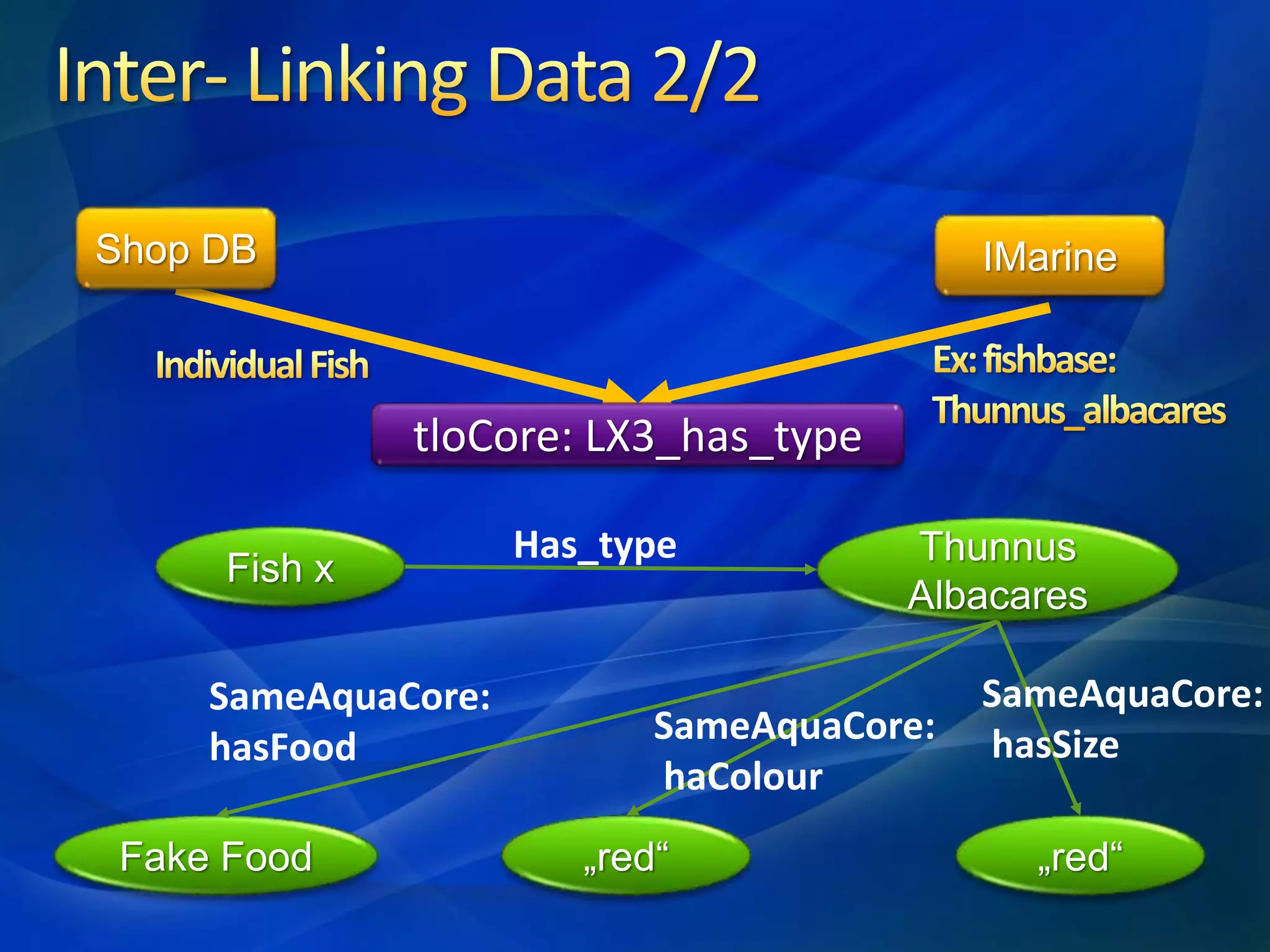 Shop DB IMarine
tloCore: LX3_has_type
Fish x
Thunnus
Albacares
Has_type
SameAquaCore:
hasFood
Fake Food
SameAquaCore:
haColour
„red“
SameAquaCore:
hasSize
„red“