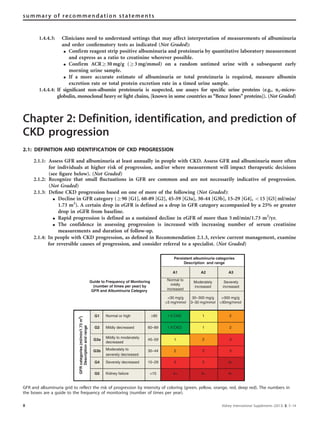 1.4.4.3: Clinicians need to understand settings that may affect interpretation of measurements of albuminuria
and order conﬁrmatory tests as indicated (Not Graded):
K Confirm reagent strip positive albuminuria and proteinuria by quantitative laboratory measurement
and express as a ratio to creatinine wherever possible.
K Confirm ACRZ30 mg/g (Z3 mg/mmol) on a random untimed urine with a subsequent early
morning urine sample.
K If a more accurate estimate of albuminuria or total proteinuria is required, measure albumin
excretion rate or total protein excretion rate in a timed urine sample.
1.4.4.4: If signiﬁcant non-albumin proteinuria is suspected, use assays for speciﬁc urine proteins (e.g., a1-micro-
globulin, monoclonal heavy or light chains, [known in some countries as ‘‘Bence Jones’’ proteins]). (Not Graded)
Chapter 2: Definition, identification, and prediction of
CKD progression
2.1: DEFINITION AND IDENTIFICATION OF CKD PROGRESSION
2.1.1: Assess GFR and albuminuria at least annually in people with CKD. Assess GFR and albuminuria more often
for individuals at higher risk of progression, and/or where measurement will impact therapeutic decisions
(see ﬁgure below). (Not Graded)
2.1.2: Recognize that small ﬂuctuations in GFR are common and are not necessarily indicative of progression.
(Not Graded)
2.1.3: Deﬁne CKD progression based on one of more of the following (Not Graded):
K Decline in GFR category (Z90 [G1], 60–89 [G2], 45–59 [G3a], 30–44 [G3b], 15–29 [G4], o15 [G5] ml/min/
1.73 m2
). A certain drop in eGFR is defined as a drop in GFR category accompanied by a 25% or greater
drop in eGFR from baseline.
K Rapid progression is defined as a sustained decline in eGFR of more than 5 ml/min/1.73 m2
/yr.
K The confidence in assessing progression is increased with increasing number of serum creatinine
measurements and duration of follow-up.
2.1.4: In people with CKD progression, as deﬁned in Recommendation 2.1.3, review current management, examine
for reversible causes of progression, and consider referral to a specialist. (Not Graded)
Guide to Frequency of Monitoring
(number of times per year) by
GFR and Albuminuria Category
Persistent albuminuria categories
Description and range
A1 A2 A3
GFRcategories(ml/min/1.73m2
)
Descriptionandrange
G1 Normal or high ≥90 1 if CKD 1 2
G2 Mildly decreased 60–89 1 if CKD 1 2
G3a
Mildly to moderately
decreased
45–59 1 2 3
G3b Moderately to
severely decreased
30–44 2 3 3
G4 Severely decreased 15–29 3 3 4+
G5 Kidney failure <15 4+ 4+ 4+
Normal to
mildly
increased
Moderately
increased
Severely
increased
<30 mg/g
<3 mg/mmol
30–300 mg/g
3–30 mg/mmol
>300 mg/g
>30mg/mmol
GFR and albuminuria grid to reflect the risk of progression by intensity of coloring (green, yellow, orange, red, deep red). The numbers in
the boxes are a guide to the frequency of monitoring (number of times per year).
8 Kidney International Supplements (2013) 3, 5–14
summary of recommendation statements
 