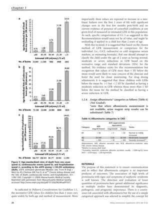 As indicated in Pediatric Considerations for Guideline 1.1,
the normative GFR values for children less than 2 years vary
quite widely by both age and method of measurement. More
importantly these values are expected to increase in a non-
linear fashion over the ﬁrst 2 years of life with signiﬁcant
changes seen in the ﬁrst few months post-birth and no
current evidence of presence of comorbid conditions at any
given level of measured or estimated GFR in this population.
As such, speciﬁc categorization of G1-5 as suggested in this
Recommendation would seem not be of value, and might be
misleading if applied to a child less than 2 years of age.
With this in mind, it is suggested that based on the chosen
method of GFR measurement or comparison for the
individual (i.e., CrCl, radioactive or cold exogenous serum
markers, or estimating formula), that one should attempt to
classify the child under the age of 2 years as having normal,
moderate or severe reductions in GFR based on the
normative range and standard deviations (SDs) for the
method. No evidence exists for this recommendation but
recognition that values of GFR more than 1 SD below the
mean would seem likely to raise concern of the clinician and
foster the need for closer monitoring. For drug dosing
adjustments it is suggested that those children with GFRs
below the mean by 41 but o2 SD be classiﬁed as having a
moderate reduction in GFR whereas those more than 2 SD
below the mean for the method be classiﬁed as having a
severe reduction in GFR.
1.2.4: Assign albuminuria* categories as follows [Table 6]
(Not Graded):
*note that where albuminuria measurement is
not available, urine reagent strip results can be
substituted (Table 7)
RATIONALE
The purpose of this statement is to ensure communication
and to reﬂect that albuminuria category is an important
predictor of outcomes. The association of high levels of
proteinuria with signs and symptoms of nephrotic syndrome
is well known. The detection and evaluation of lesser
quantities of proteinuria have gained additional signiﬁcance
as multiple studies have demonstrated its diagnostic,
pathogenic, and prognostic importance. There is a contin-
uous risk associated with albuminuria but the use of a simple
categorical approach was selected to simplify the concept for
Figure 5 | Age-standardized rates of death from any cause
(panel a), cardiovascular events (panel b), and hospitalization
(panel c), according to the eGFR among 1,120,295 ambulatory
adults. eGFR, estimated glomerular filtration rate. From N Engl J
Med, Go AS, Chertow GM, Fan D, et al.58
Chronic kidney disease and
the risks of death, cardiovascular events, and hospitalization, 351:
1296-1305. Copyright & (2004) Massachusetts Medical Society.
Reprinted with permission from Massachusetts Medical Society;
accessed http://www.nejm.org/doi/pdf/10.1056/NEJMoa041031
Table 6 | Albuminuria categories in CKD
AER
ACR (approximate
equivalent)
Category
(mg/24 hours) (mg/mmol) (mg/g)
Terms
A1 o30 o3 o30 Normal to mildly
increased
A2 30-300 3-30 30-300 Moderately increased*
A3 4300 430 4300 Severely increased**
Abbreviations: AER, albumin excretion rate; ACR, albumin-to-creatinine ratio;
CKD, chronic kidney disease.
*Relative to young adult level.
**Including nephrotic syndrome (albumin excretion usually 42200 mg/24 hours
[ACR 42220 mg/g; 4220 mg/mmol]).
28 Kidney International Supplements (2013) 3, 19–62
chapter 1
 