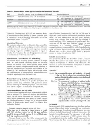 Prospective Diabetes Study (UKPDS) was associated with a
67% risk reduction for a doubling of plasma creatinine levels
at 9 years (0.71% of the intensive group and 1.76% of the
conventional group, P ¼ 0.027).298
International Relevance
The incidence and prevalence of diabetes is rising around the
world and at rapid rates in developing countries. Glycemic
control is therefore one of the most important strategies
for delaying progression of CKD, irrespective of region or
country. It is recognized that not all hypoglycemic strategies
or treatments are available in all countries.
Implications for Clinical Practice and Public Policy
Practitioners should encourage glycemic control in all people
with CKD and diabetes, including referral to education
sessions and diabetic clinics where available. Public health
policies and diabetic strategies should include screening in
high-risk populations such as those with diabetes, as the
presence of CKD would confer higher risk of adverse events,
and could represent an opportunity for intensiﬁed interven-
tion with large implications for health-care.
Areas of Controversy, Confusion, or Non-consensus
Recommendations on the use of speciﬁc medications for
glycemic control (e.g., metformin and glyburide) remain
variable depending on different perspectives. These are covered
more fully in Chapter 4 on medication dosing and AKI.
Clarification of Issues and Key Points
Glycemic control improves outcomes in people with diabetes,
with or without CKD. Those with diabetes and CKD have
higher risk of adverse outcomes and therefore presumed
higher beneﬁt from control. Many agents are renally excreted
and therefore adjustments to doses may be necessary as GFR
declines or if patients are acutely unwell (see Chapter 4 on
medication dosing).
Caveats in measuring glycemic control with HbA1C
HbA1C may not be reﬂective of glucose control in people
with CKD who have reduced red cell life span, and thus
should be interpreted with caution. Review of blood sugar
daily logs may be more reliable.
Clinicians should be aware that HbA1C measurements that
inform glycemic control are based on an assumed red cell life
span of 90 days. In people with CKD the RBC life span is
shortened, even if receiving erythropoiesis-stimulating agents
(ESAs). As such, measurement may only reﬂect glycemic
control over a shorter time period than the presumed 3
months and thus, HbA1C measurements may be falsely low.
Awareness of this may alter clinicians’ reliance on this
measurement as a long-term measure.299–304
Ongoing
research intitiatives comparing HbA1C with glycated albumin
using continuous glucose monitoring suggest that glycated
albumin may provide a more reliable index of glycemic
control in people with advanced CKD.
Pediatric Considerations
It is recommended that the Guidelines of the American
Diabetes Association305
or similar national guidelines for
diabetes management in children and adolescents, be
reviewed to address issues related to management of diabetic
children either with, or at risk of, CKD.
Salt intake
3.1.19: We recommend lowering salt intake to o90 mmol
(o2 g) per day of sodium (corresponding to 5 g of
sodium chloride) in adults, unless contraindicated
(see rationale). (1C)
3.1.19.1: We recommend restriction of sodium intake
for children with CKD who have hypertension
(systolic and/or diastolic blood pressure 495th
percentile) or prehypertension (systolic and/or
diastolic blood pressure 490th
percentile and
o95th
percentile), following the age-based
Recommended Daily Intake. (1C)
3.1.19.2: We recommend supplemental free water and
sodium supplements for children with CKD
and polyuria to avoid chronic intravascular
depletion and to promote optimal growth. (1C)
RATIONALE
In subjects with CKD, impaired excretion of sodium is often
present. High sodium intake increases BP and proteinuria,
induces glomerular hyperﬁltration and blunts the response
to RAAS blockade. Lowering salt intake not only reduces BP,
but also lowers albuminuria. The importance of salt intake
in the general management of CKD patients cannot be
overemphasized, hence the need for speciﬁc statements here.
We appreciate that there are some conditions in which salt
Table 25 | Intensive versus normal glycemic control and albuminuria outcome
Study Intensified treatment versus normal treatment HbA1C goals Albuminuria outcome
ADVANCE294
6.5% (48 mmol/mol) versus 7.3% (56 mmol/mol) 9% k in new ACR 3-30 mg/mmol (30-300 mg/g)
30% k in ACR progression to 430 mg/mmol (4300 mg/g)
ACCORD295
6.3% (45 mmol/mol) versus 7.6% (60 mmol/mol) 21% k in new ACR 3-30 mg/mmol (30-300 mg/g)
32% k in ACR progression to 430 mg/mmol (4300 mg/g)
VADT296
6.9% (52 mmol/mol) versus 8.4% (68 mmol/mol) 32% k in new ACR 3-30 mg/mmol (30-300 mg/g)
37% k in ACR progression to 430 mg/mmol (4300 mg/g)
Abbreviations: ACCORD, Action to Control Cardiovascular Risk in Diabetes; ACR, albumin-to-creatinine ratio; ADVANCE, Action in Diabetes and Vascular Disease: Preterax and
Diamicron Modified Release Controlled Evaluation; HbA1C, hemoglobin A1C; VADT, Veterans Affairs Diabetes Trial.
Kidney International Supplements (2013) 3, 73–90 77
chapter 3
 