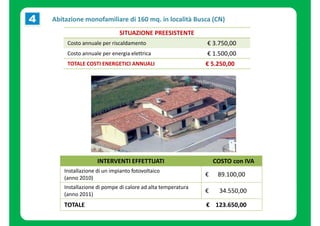 Abitazione monofamiliare di 160 mq. in località Busca (CN) 
SITUAZIONE PREESISTENTE 
Costo annuale per riscaldamento € 3.750,00 
Costo annuale per energia elettrica € 1.500,00 
TOTALE COSTI ENERGETICI ANNUALI € 5.250,00 
INTERVENTI EFFETTUATI COSTO con IVA 
Installazione di un impianto fotovoltaico 
(anno 2010) 
€ 89.100,00 
Installazione di pompe di calore ad alta temperatura 
(anno 2011) 
€ 34.550,00 
TOTALE € 123.650,00 
 