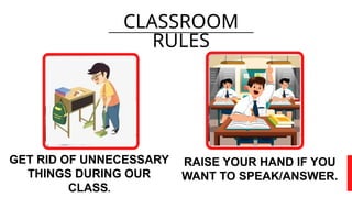 CLASSROOM
RULES
GET RID OF UNNECESSARY
THINGS DURING OUR
CLASS.
RAISE YOUR HAND IF YOU
WANT TO SPEAK/ANSWER.
 