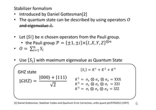 6
Stabilizer formalism
• Introduced by Daniel Gottesman[2]
• The quantum state can be described by using operators 𝑂
and eigenvalue 𝜆.
• Let {𝑆𝑖} be 𝑛 chosen operators from the Pauli group.
• the Pauli group 𝒫 = ±1, ±𝑖 × 𝐼, 𝑋, 𝑌, 𝑍 ⊗*
• 𝑂 = ∑(+%
*
𝑆(
• Use 𝑆( with maximum eigenvalue as Quantum State
[2] Daniel Gottesman, Stabilizer Codes and Quantum Error Correction, arXiv:quant-ph/9705052 (1997)
GHZ state
⟩| 𝐺𝐻𝑍 =
⟩|000 + ⟩|111
2
𝑆! = 𝐾"
+ 𝐾#
+ 𝐾$
𝐾"
= 𝜎% ⊗ 𝜎% ⊗ 𝜎% = XXX
𝐾#
= 𝜎& ⊗ 𝜎& ⊗ 𝜎' = ZZI
𝐾$
= 𝜎' ⊗ 𝜎& ⊗ 𝜎( = IZZ
 