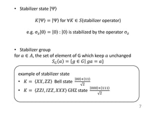 7
• Stabilizer state ⟩|Ψ
𝐾 ⟩|Ψ = ⟩|Ψ for ∀𝐾 ∈ 𝑆(stabilizer operator)
e.g. σ, ⟩|0 = ⟩|0 : ⟩|0 is stabilized by the operator σ,
• Stabilizer group
for 𝑎 ∈ 𝐴, the set of element of G which keep 𝑎 unchanged
𝑆- 𝑎 = 𝑔 ∈ 𝐺 𝑔𝑎 = 𝑎}
example of stabilizer state
• 𝐾 = 𝑋𝑋, 𝑍𝑍 Bell state
⟩|## $ ⟩|%%
&
• 𝐾 = 𝑍𝑍𝐼, 𝐼𝑍𝑍, 𝑋𝑋𝑋 GHZ state
⟩|### $ ⟩|%%%
&
 