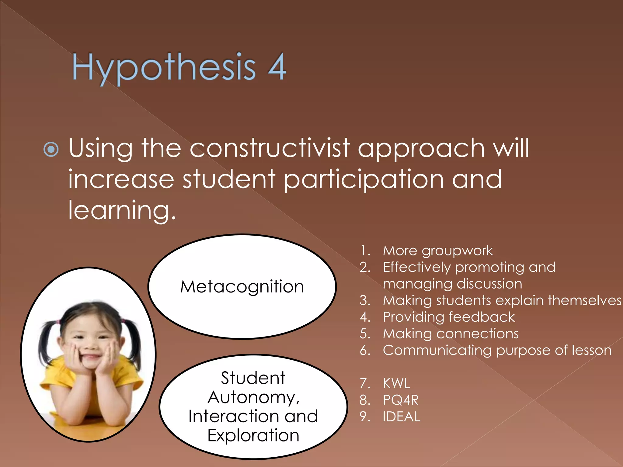  Using the constructivist approach will
increase student participation and
learning.
Metacognition
Student
Autonomy,
Interaction and
Exploration
1. More groupwork
2. Effectively promoting and
managing discussion
3. Making students explain themselves
4. Providing feedback
5. Making connections
6. Communicating purpose of lesson
7. KWL
8. PQ4R
9. IDEAL
 