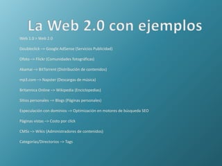 La Web 2.0 con ejemplosWeb 1.0 > Web 2.0Doubleclick –> Google AdSense (Servicios Publicidad)Ofoto –> Flickr (Comunidades fotográficas)Akamai –> BitTorrent (Distribución de contenidos)mp3.com –> Napster (Descargas de música)Britannica Online –> Wikipedia (Enciclopedias)Sitios personales –> Blogs (Páginas personales)Especulación con dominios –> Optimización en motores de búsqueda SEOPáginas vistas –> Costo por clickCMSs –> Wikis (Administradores de contenidos)Categorías/Directorios –> Tags