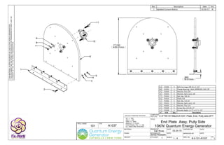 DRAWN BY: DATE: CHECKED BY: DATE:
P/N:
DESIGNED BY:
SCALE:
APPROVED BY: DATE:
DWG. No: REV.
COMPUTER
FILE LOC:
Q'TY/ASS'Y:
TITLE:
PROJ. NAME:
DATE:
MATERIAL:
UNLESS OTHERWISE SPECIFIED:
XX +/- .020
XXX +/- .005
XXXX +/- .0005
ANGLES +/- 3 DEG.
FRACTIONAL TOL: +/- 1/64
ALL DIM'S ARE IN INCHES
WEIGHT:
FINISH:
THISMATERIALISOPENSOURCEDBYTHEFIXTHEWORLDORGANIZATION.
THISDOCUMENTMAYBEOPENLYREPRODUCEDORTRANSFEREDWITHOUTLIMITOR
CONSENTOFTHEFIXTHEWORLDORGANIZATION.
C:FTW101MechA1037, Plate, End, Pully side.DFT
B-0-101-A1037
Ivan Rivas 03.24.15
101 A1037
End Plate Assy, Pully Side
10KW Quantum Energy Generator
1 1 : 4 1
James Robitaille
Rev. Description Date Init.
1 Updated Consent Notice 03.24.15 IR
2
1
3
4
5
6
10
11
9
8
7
11 P1036 3 Bolt, Carriage, 3/8‐16 x 1 1/2"
10 P1035 1 Flange, Bearing, 3 Bolt, SBTRD205‐14G 7/8"
9 P1034 3 Washer, Flat, 3/8
8 P1033 3 Washer, Split, Lock, 3/8
7 P1032 3 Nut, Hex, 3/8‐16
6 P1014 1 Plate, End
5 P1006 5 Nut, Hex, 1/4‐20
4 P1015 5 Washer, Split, Lock, 1/4
3 P1005 5 Washer, Flat, 1/4
2 P1029 5 Screw, Hex, 1/4‐20 x 1"
1 P1028 1 Bracket, Angle, L, 1.5" x 1.5" x  15"
# P/N Qty Description
17.150
435.61mm
.650
16.51mm
 