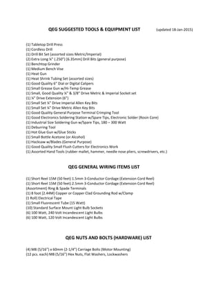                          QEG SUGGESTED TOOLS & EQUIPMENT LIST              (updated 18‐Jan‐2015) 
                                                                                                           
 
(1) Tabletop Drill Press 
(1) Cordless Drill 
(1) Drill Bit Set (assorted sizes Metric/Imperial) 
(2) Extra Long ¼” (.250”) [6.35mm] Drill Bits (general purpose) 
(1) Benchtop Grinder 
(1) Medium Bench Vise 
(1) Heat Gun 
(1) Heat Shrink Tubing Set (assorted sizes) 
(1) Good Quality 6” Dial or Digital Calipers 
(1) Small Grease Gun w/Hi‐Temp Grease 
(1) Small, Good Quality ¼” & 3/8” Drive Metric & Imperial Socket set 
(1) ¼” Drive Extension (6”) 
(1) Small Set ¼” Drive Imperial Allen Key Bits 
(1) Small Set ¼” Drive Metric Allen Key Bits 
(1) Good Quality General Purpose Terminal Crimping Tool 
(1) Good Electronics Soldering Station w/Spare Tips, Electronic Solder (Rosin Core) 
(1) Industrial Size Soldering Gun w/Spare Tips, 180 – 300 Watt 
(1) Deburring Tool  
(1) Hot Glue Gun w/Glue Sticks 
(1) Small Bottle Acetone (or Alcohol) 
(1) Hacksaw w/Blades (General Purpose) 
(1) Good Quality Small Flush Cutters for Electronics Work 
(1) Assorted Hand Tools (rubber mallet, hammer, needle nose pliers, screwdrivers, etc.) 
 
 
                                               QEG GENERAL WIRING ITEMS LIST 
 
(1) Short Reel 15M (50 feet) 1.5mm 3‐Conductor Cordage (Extension Cord Reel) 
(1) Short Reel 15M (50 feet) 2.5mm 3‐Conductor Cordage (Extension Cord Reel) 
(Assortment) Ring & Spade Terminals 
(1) 8 foot [2.44M] Copper or Copper Clad Grounding Rod w/Clamp 
(1 Roll) Electrical Tape 
(1) Small Fluorescent Tube (15 Watt) 
(10) Standard Surface Mount Light Bulb Sockets 
(6) 100 Watt, 240 Volt Incandescent Light Bulbs 
(6) 100 Watt, 120 Volt Incandescent Light Bulbs  
 
 
 
                                            QEG NUTS AND BOLTS (HARDWARE) LIST 
 
(4) M8 (5/16”) x 60mm (2‐1/4”) Carriage Bolts (Motor Mounting) 
(12 pcs. each) M8 (5/16”) Hex Nuts, Flat Washers, Lockwashers 
 