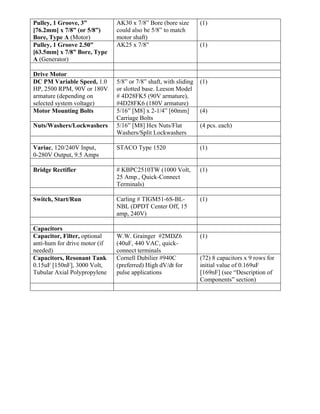 Pulley, 1 Groove, 3”
[76.2mm] x 7/8” (or 5/8”)
Bore, Type A (Motor)
AK30 x 7/8” Bore (bore size
could also be 5/8” to match
motor shaft)
(1)
Pulley, 1 Groove 2.50”
[63.5mm] x 7/8” Bore, Type
A (Generator)
AK25 x 7/8” (1)
Drive Motor
DC PM Variable Speed, 1.0
HP, 2500 RPM, 90V or 180V
armature (depending on
selected system voltage)
5/8” or 7/8” shaft, with sliding
or slotted base. Leeson Model
# 4D28FK5 (90V armature),
#4D28FK6 (180V armature)
(1)
Motor Mounting Bolts 5/16” [M8] x 2-1/4” [60mm]
Carriage Bolts
(4)
Nuts/Washers/Lockwashers 5/16” [M8] Hex Nuts/Flat
Washers/Split Lockwashers
(4 pcs. each)
Variac, 120/240V Input,
0-280V Output, 9.5 Amps
STACO Type 1520 (1)
Bridge Rectifier # KBPC2510TW (1000 Volt,
25 Amp., Quick-Connect
Terminals)
(1)
Switch, Start/Run Carling # TIGM51-6S-BL-
NBL (DPDT Center Off, 15
amp, 240V)
(1)
Capacitors
Capacitor, Filter, optional
anti-hum for drive motor (if
needed)
W.W. Grainger #2MDZ6
(40uF, 440 VAC, quick-
connect terminals
(1)
Capacitors, Resonant Tank
0.15uF [150nF], 3000 Volt,
Tubular Axial Polypropylene
Cornell Dubilier #940C
(preferred) High dV/dt for
pulse applications
(72) 8 capacitors x 9 rows for
initial value of 0.169uF
[169nF] (see “Description of
Components” section)
 