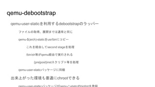 qemu-debootstrap
qemu-user-staticを利用するdebootstrapのラッパー
ファイルの取得、展開までは通常と同じ
qemu-$(arch)-staticをusr/binにコピー
これを経由してsecond stageを処理
/bin/sh等がqemu経由で実行される
{pre|post}instスクリプト等を処理
qemu-user-staticパッケージに同梱
出来上がった環境も普通にchrootできる
 