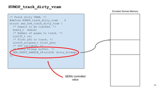 34
HVMOP_track_dirty_vram
/* Track dirty VRAM. */
#define HVMOP_track_dirty_vram 6
struct xen_hvm_track_dirty_vram {
/* Domain to be tracked. */
domid_t domid;
/* Number of pages to track. */
uint32_t nr;
/* First pfn to track. */
uint64_aligned_t first_pfn;
/* OUT variable. */
/* Dirty bitmap buffer. */
XEN_GUEST_HANDLE_64(uint8) dirty_bitmap;
};
Emulator Domain Memory
QEMU controlled
value
 
