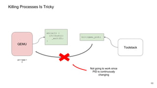 QEMU
68
Killing Processes Is Tricky
while(1) {
if(!fork())
_exit(0);
}
kill(qemu_pid);
Toolstack
Not going to work since
PID is continuously
changing
uid = base +
2
 