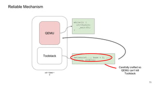 QEMU
70
Reliable Mechanism
while(1) {
if(!fork())
_exit(0);
}
Toolstack
uid = base +
2
Carefully crafted so
QEMU can’t kill
Toolstack
setresuid(..., base + 2, ...);
kill(-1, SIGKILL)
 