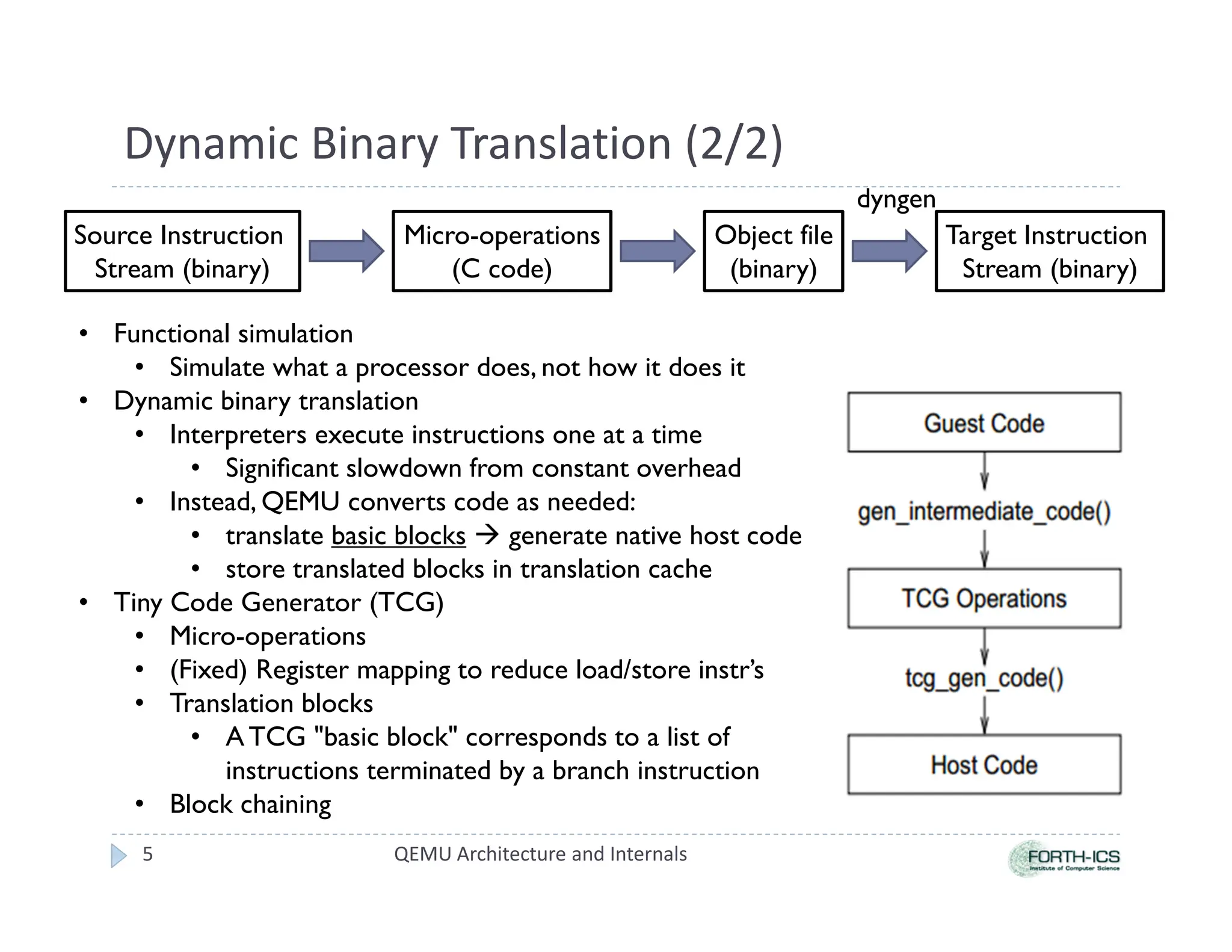Dynamic Binary Translation (2/2)
Source Instruction
Stream (binary)
Object file
(binary)
Micro-operations
(C code)
Target Instruction
Stream (binary)
dyngen
• Functional simulation
• Simulate what a processor does, not how it does it
• Dynamic binary translation
• Interpreters execute instructions one at a time
• Significant slowdown from constant overhead
• Instead, QEMU converts code as needed:
• translate basic blocks  generate native host code
• store translated blocks in translation cache
• Tiny Code Generator (TCG)
• Micro-operations
• (Fixed) Register mapping to reduce load/store instr’s
• Translation blocks
• A TCG basic block corresponds to a list of
instructions terminated by a branch instruction
• Block chaining
QEMU Architecture and Internals
5
 