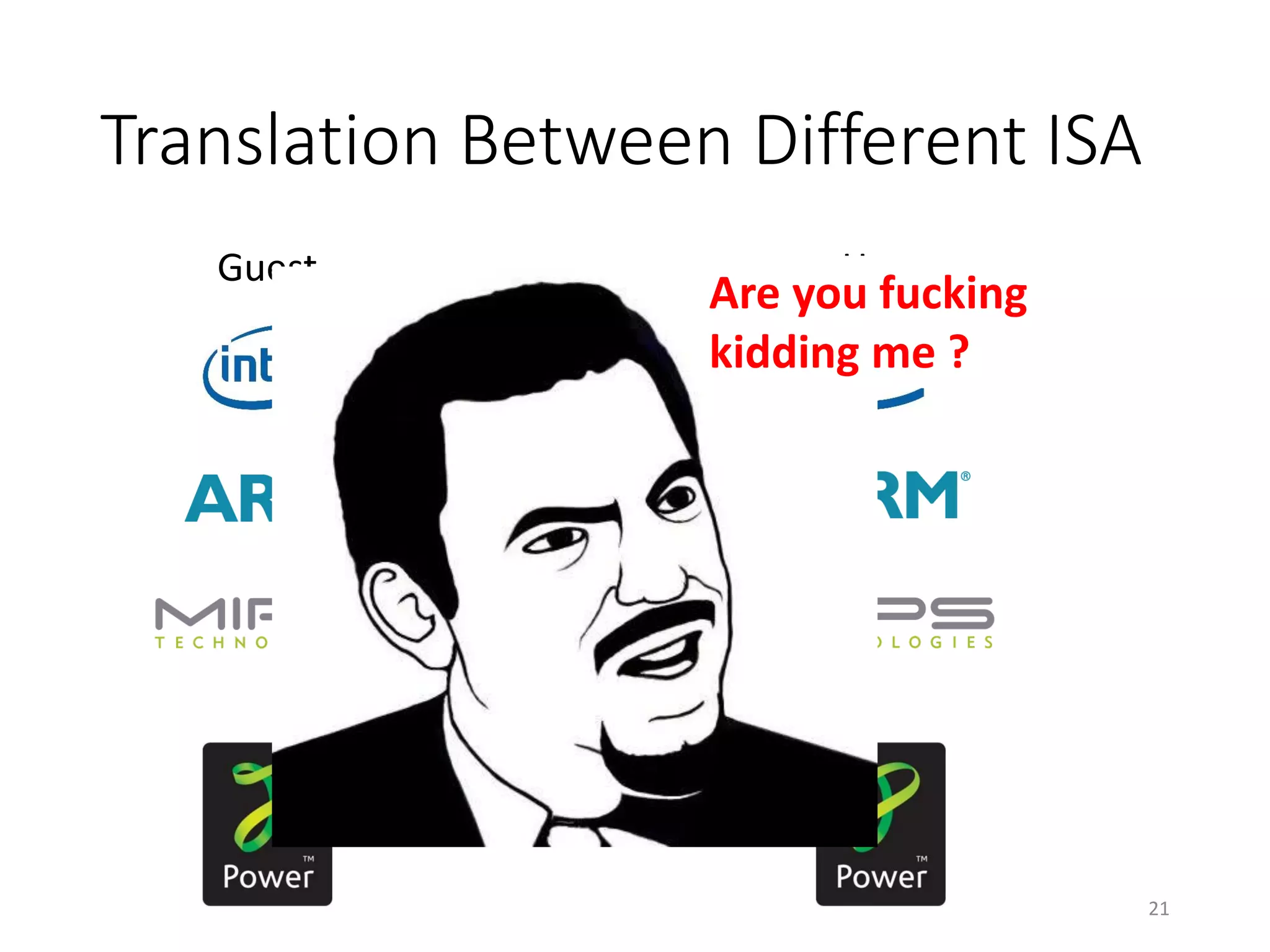 Translation Between Different ISA
Guest Host
code translation
Are you fucking
kidding me ?
21
 
