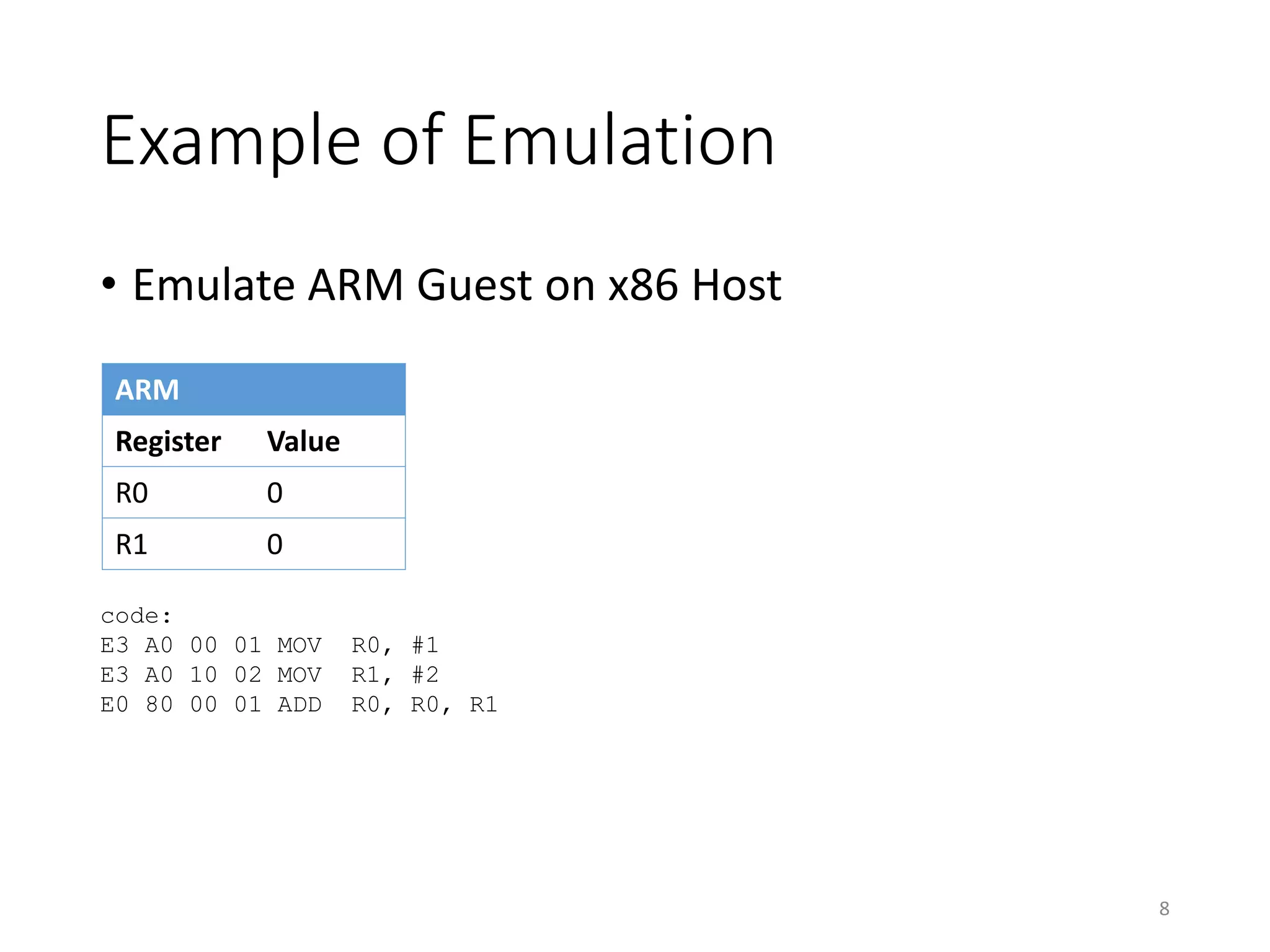 Example of Emulation
• Emulate ARM Guest on x86 Host
ARM
Register Value
R0 0
R1 0
code:
E3 A0 00 01 MOV R0, #1
E3 A0 10 02 MOV R1, #2
E0 80 00 01 ADD R0, R0, R1
8
 