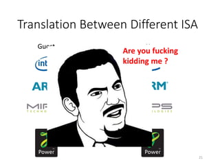 Translation Between Different ISA
Guest Host
code translation
Are you fucking
kidding me ?
21
 