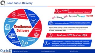Engineering Beyond Borders http://www.qentelli.com Qentelli ©2016
Continuous Delivery
Quality = Development * (Testing)2
Q=DT2
1
2 Continuous delivery = Continuous development * Continuous Testing
Manual activities in the lifecycle
(Release Velocity achieved is directly proportional to continuous development
and continuous testing efforts and inversely proportional to the time spent
on manual activities / wait times)
DevOps = Test Dev Sup Ops3
4
RepeatDevelop
Continuous testing = continuous unit testing, early functional
automation, continuous performance engineering, continuous
security engineering, continuous testing in production
 