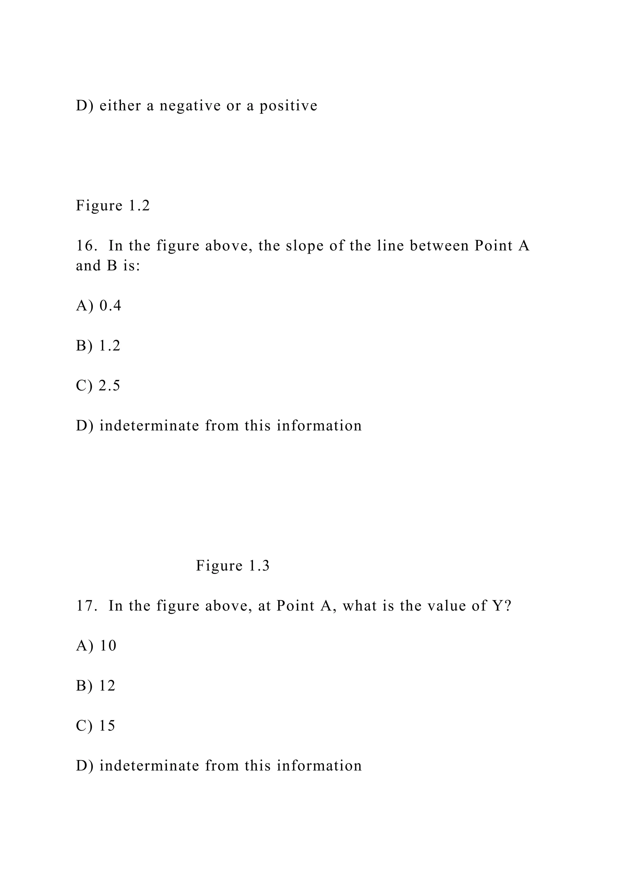 D) either a negative or a positive
Figure 1.2
16. In the figure above, the slope of the line between Point A
and B is:
A) 0.4
B) 1.2
C) 2.5
D) indeterminate from this information
Figure 1.3
17. In the figure above, at Point A, what is the value of Y?
A) 10
B) 12
C) 15
D) indeterminate from this information
 