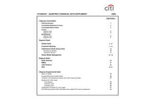 CITIGROUP - QUARTERLY FINANCIAL DATA SUPPLEMENT                                               2Q08

                                                                                     Page Number

 Citigroup Consolidated
    Financial Summary                                                                     1
    Consolidated Statement of Income                                                      2
    Consolidated Balance Sheet                                                            3
    Income:
       SegmentView
       Product View                                                                       4
       Regional View
       Regional View                                                                      5
    Net Revenues:
       Segment View                                                                       6
       Regional View                                                                      7

 Segment Detail

    Global Cards                                                                        8 - 10

    Consumer Banking                                                                    11 -14

    Institutional Clients Group (ICG)                                                    15
       Securities and Banking                                                            16
       Transaction Services                                                              17
    Global Wealth Management                                                           18 - 19

 Regional Detail
    North America                                                                        20
    EMEA                                                                                 21
    Latin America                                                                        22
    Asia                                                                                23 -24



 Citigroup Supplemental Detail
    Return on Capital                                                                    25
    Average Balances and Interest Rates                                                  26
    Consumer Loan Delinquency Amounts, Net Credit Losses and Ratios                      27
    Allowance for Credit Losses:
         Total Citigroup                                                                 28
         Consumer Loans                                                                  29
         Corporate Loans                                                                 30
    Components of Provision for Loan Losses                                              31
    Non-Performing Assets (2Q08 Cash-Basis Loans updated from previous Supplement)       32
 