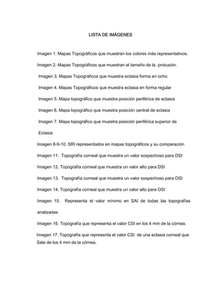 LISTA DE IMÁGENES 
Imagen 1. Mapas Topográficos que muestran los colores más representativos. 
Imagen 2. Mapas Topográficos que muestran el tamaño de la protusión. 
Imagen 3. Mapas Topográficos que muestra ectasia forma en ocho 
Imagen 4. Mapas Topográficos que muestra ectasia en forma regular 
Imagen 5. Mapa topográfico que muestra posición periférica de ectasia 
Imagen 6. Mapa topográfico que muestra posición central de ectasia 
Imagen 7. Mapa topográfico que muestra posición periférica superior de 
Ectasia 
Imagen 8-9-10. SRI representados en mapas topográficos y su comparación 
Imagen 11. Topografía corneal que muestra un valor sospechoso para DSI 
Imagen 12. Topografía corneal que muestra un valor alto para DSI 
Imagen 13. Topografía corneal que muestra un valor sospechoso para OSI 
Imagen 14. Topografía corneal que muestra un valor alto para OSI 
Imagen 15. Representa el valor mínimo en SAI de todas las topografías 
analizadas 
Imagen 16. Topografía que representa el valor CSI en los 4 mm de la córnea. 
Imagen 17. Topografía que representa el valor CSI de una ectasia corneal que 
Sale de los 4 mm de la córnea. 
 