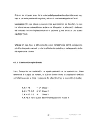 Solo en las primeras fases de la enfermedad cuando este astigmatismo es muy 
bajo el paciente puede utilizar gafas y alcanzar una buena Agudeza Visual. 
Moderados: En esta etapa es cuando mas queratoconos se detectan, ya que 
los síntomas son más evidentes y claros de diferenciar, la adaptación de lentes 
de contacto se hace imprescindible si el paciente quiere alcanzar una buena 
agudeza visual. 
Graves: en esta fase, la córnea suele perder transparencia con la consiguiente 
pérdida de agudeza visual por tanto el tratamiento indicado es la queratoplastia 
o trasplante de córnea. 
Isabel Johana Coral 
Franco 
ltéÅ|Üt Lorena Mendoza Forero 
25 
6.1.6 Clasificación según Burato 
Lucio Burato en su clasificación de signos geométricos del queratocono, hace 
referencia al Angulo de Amsler, el cual se define como la angulación formada 
entre la imagen de la línea verdadera del oftalmómetro y la extensión de la otra: 
1. K > 7.5 1º 3º Clase 1 
2. K > 7.5 /6.5 4º 8º Clase 2 
3. K = 6.5 /5.8 9º Clase 3 
4. K <5.8, no se puede determinar la gradiente Clase 4 
 