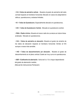• IVA =Índice de asimetría vertical. . Muestra el grado de asimetría del radio 
corneal respecto al meridiano horizontal. Elevado en casos de astigmatismo 
oblicuo, queratoconos y ectasias limbales. 
• KI = Índice de Queratocono. Especialmente elevado en queratoconos. 
• CKI = Índice de Queratocono Central . Elevado en queratocono central. 
• RMin =Radio mínimo. Muestra el menor radio de curvatura en toda el área 
analizada. Elevado en queratoconos. 
• IHA = Índice de asimetría en elevación. Muestra el grado de simetría de 
los datos de elevación respecto al meridiano horizontal. Similar al IVA 
aunque a veces más sensible. 
• IHD = Índice de descentramiento por elevación. Muestra el grado de 
descentramiento en el plano vertical. Suele ser muy curvo en queratoconos. 
• ABR =Coeficiente de aberración. Varía de 0 a 1.0 o mayor dependiendo 
del grado de aberración medido. 
(Manual de instrucciones Pentacam) 
Isabel Johana Coral 
Franco 
ltéÅ|Üt Lorena Mendoza Forero 
31 
 