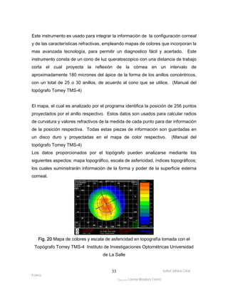 Este instrumento es usado para integrar la información de la configuración corneal 
y de las características refractivas, empleando mapas de colores que incorporan la 
mas avanzada tecnología, para permitir un diagnostico fácil y acertado. Este 
instrumento consta de un cono de luz queratoscopico con una distancia de trabajo 
corta el cual proyecta la reflexión de la córnea en un intervalo de 
aproximadamente 180 micrones del ápice de la forma de los anillos concéntricos, 
con un total de 25 o 30 anillos, de acuerdo al cono que se utilice. (Manual del 
topógrafo Tomey TMS-4) 
El mapa, el cual es analizado por el programa identifica la posición de 256 puntos 
proyectados por el anillo respectivo. Estos datos son usados para calcular radios 
de curvatura y valores refractivos de la medida de cada punto para dar información 
de la posición respectiva. Todas estas piezas de información son guardadas en 
un disco duro y proyectadas en el mapa de color respectivo. (Manual del 
topógrafo Tomey TMS-4) 
Los datos proporcionados por el topógrafo pueden analizarse mediante los 
siguientes aspectos: mapa topográfico, escala de asfericidad, índices topográficos; 
los cuales suministrarán información de la forma y poder de la superficie externa 
corneal. 
Fig. 20 Mapa de colores y escala de asfericidad en topografía tomada con el 
Topógrafo Tomey TMS-4 Instituto de Investigaciones Optométricas Universidad 
Isabel Johana Coral 
Franco 
de La Salle 
ltéÅ|Üt Lorena Mendoza Forero 
33 
 
